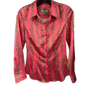 Hawes & Curtis Fitted Shirt Top Women UK 8 US S Button Up Chain link Print Pink